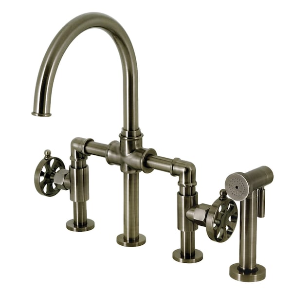 Kingston Brass KS2334RX Industrial Style Bridge Kitchen Faucet with Brass Sprayer, Black Stainless KS2334RX - main